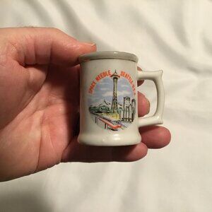 Vintage Space Needle Souvenir Miniature Mug Shot Glass Gold Accents Japan